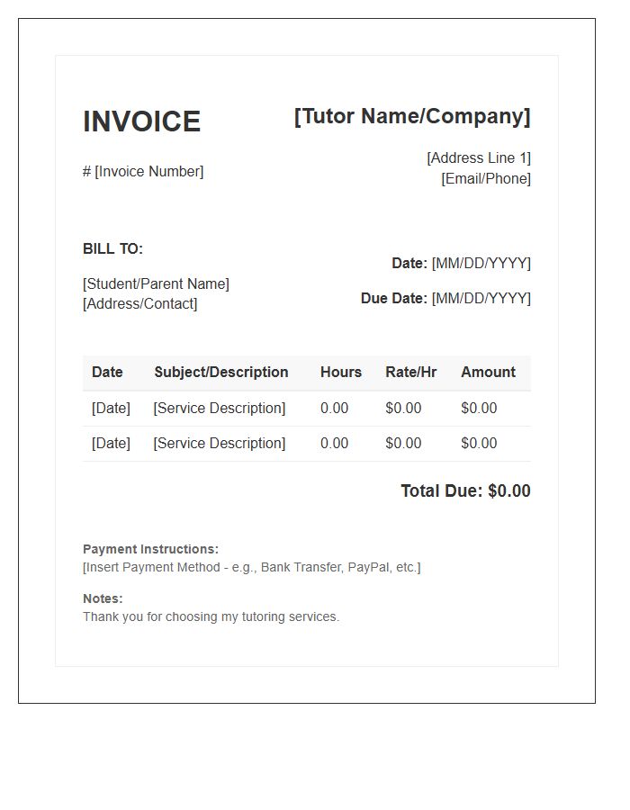 Hourly Tutoring Services Invoice Template