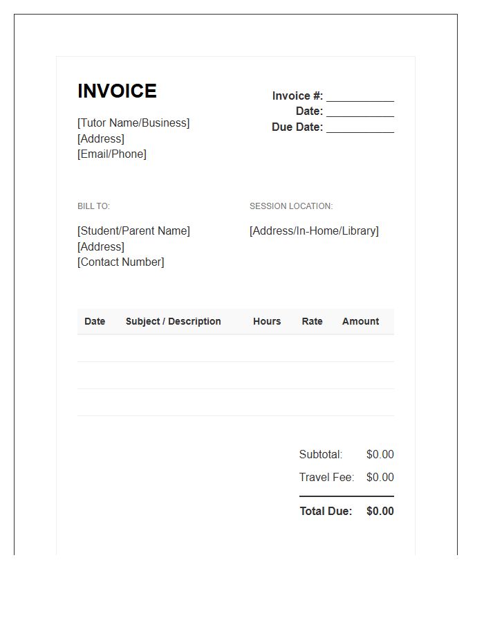 In Person Tutoring Invoice Template