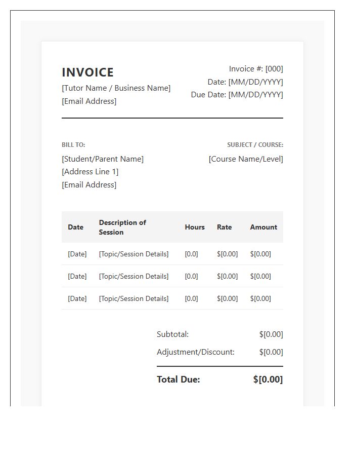 Online Academic Tutoring Invoice Template