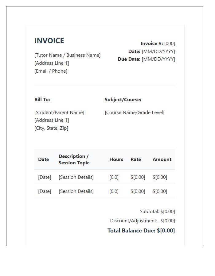 Private Academic Tutoring Services Invoice Template