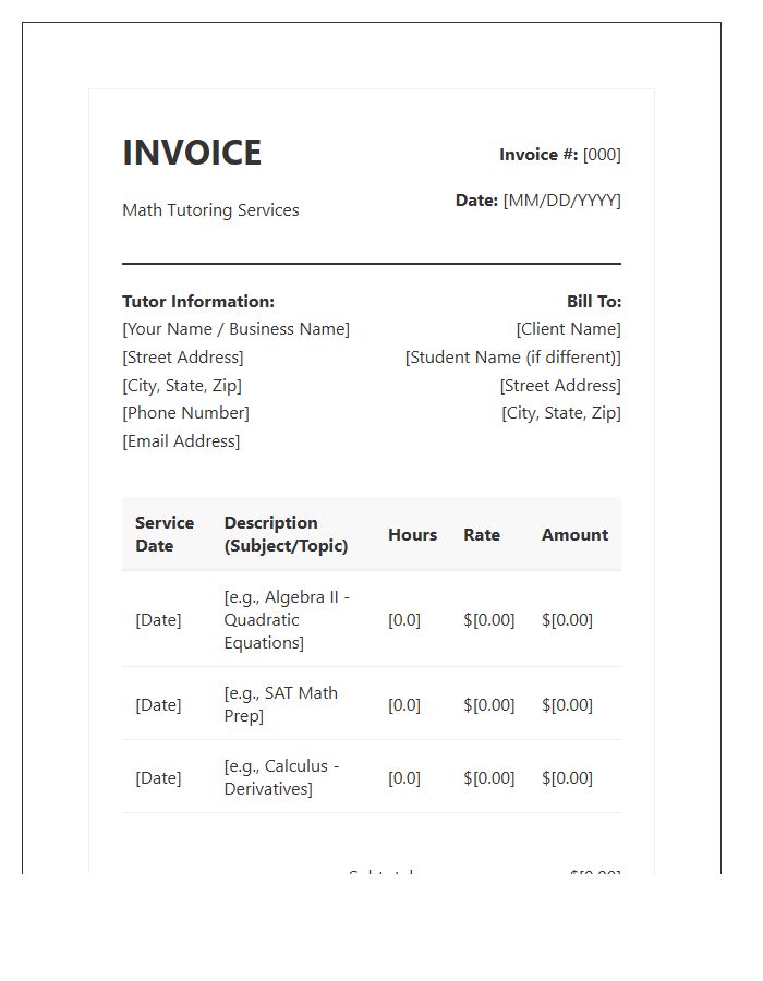 Professional Math Tutoring Invoice Template