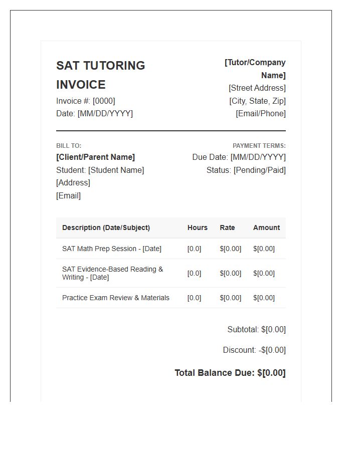 SAT Preparation Tutoring Invoice Template