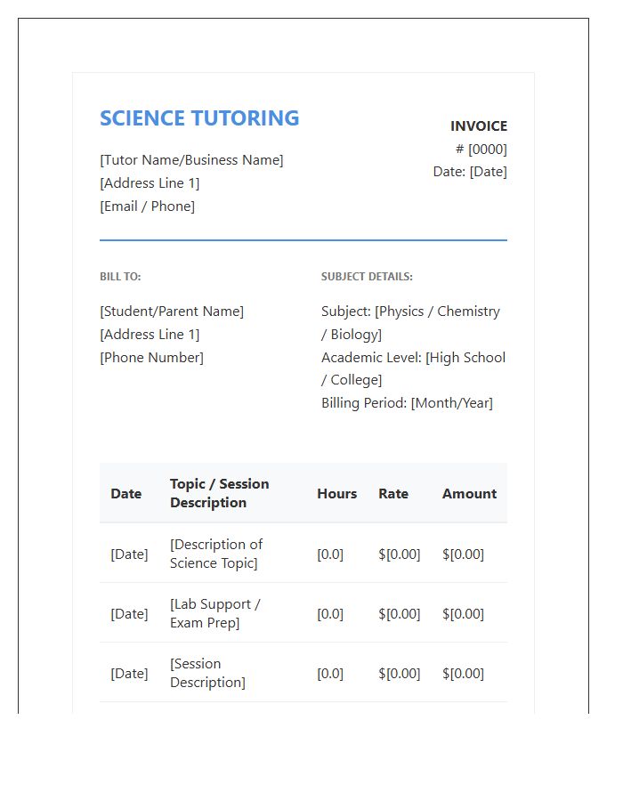 Science Subject Tutoring Invoice Template