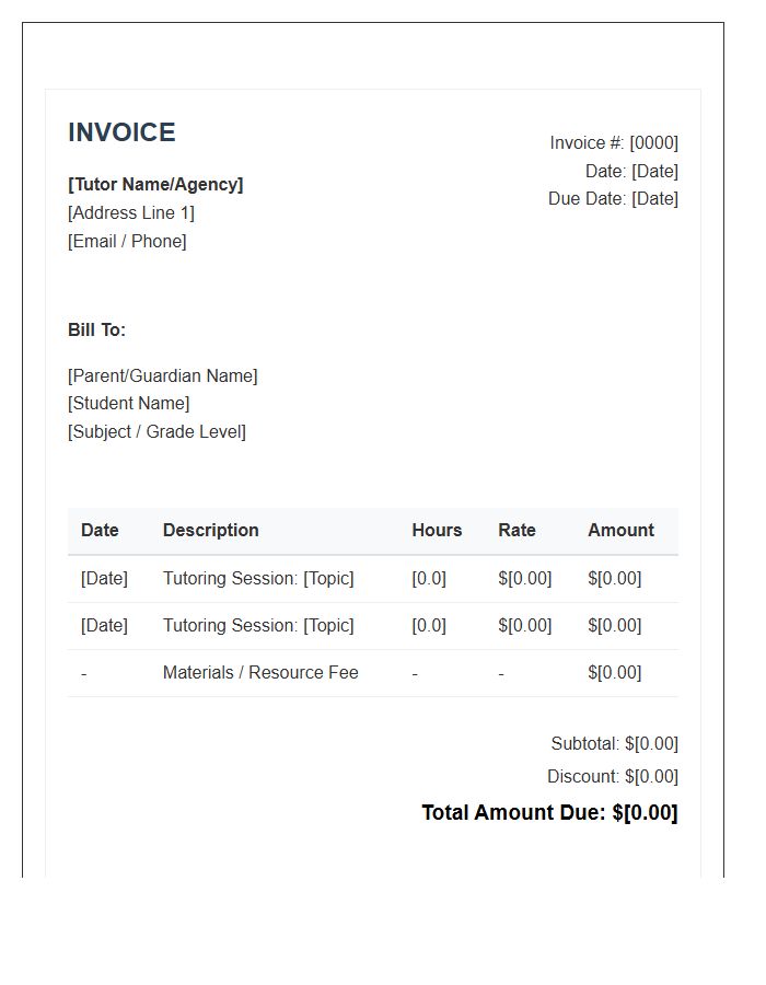 Secondary Education Tutoring Invoice Template