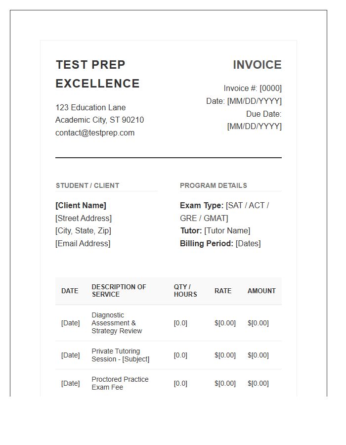 Specialized Test Prep Tutoring Invoice Template