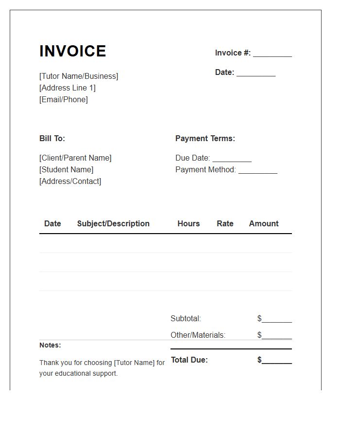 Standard Tutoring Services Invoice Template