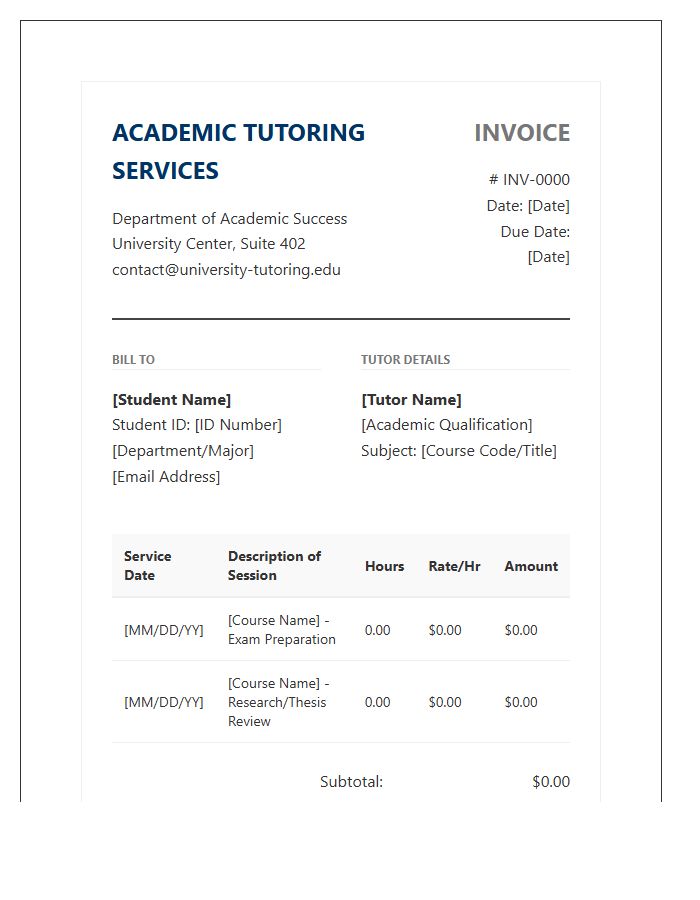 University Level Tutoring Services Invoice Template