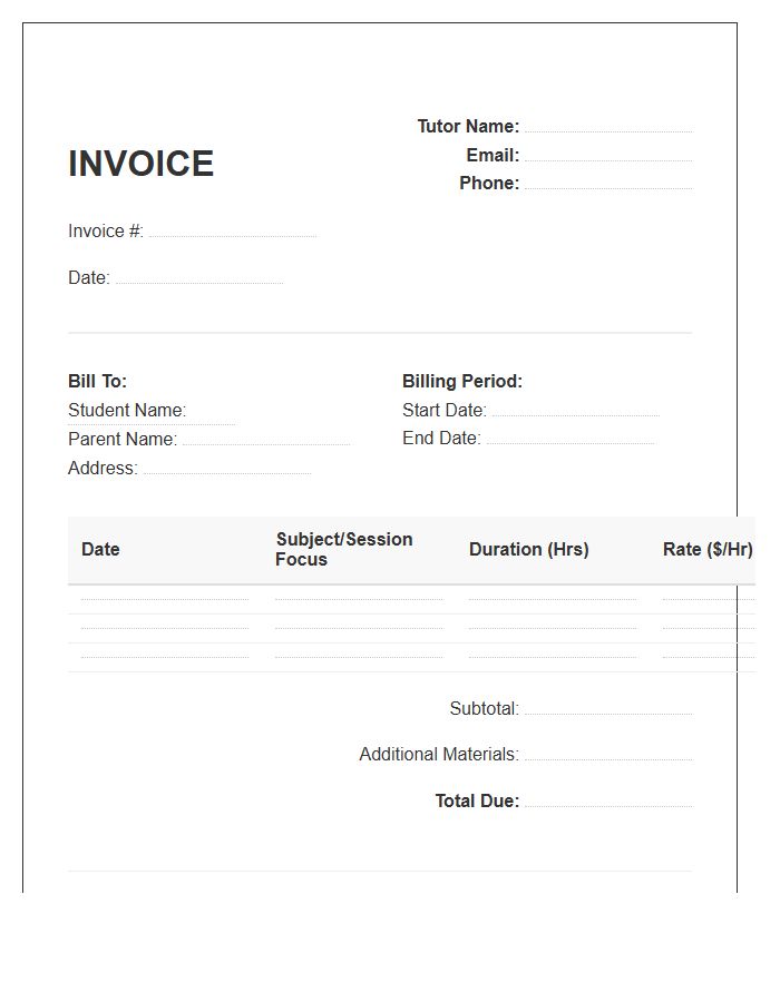Weekly Tutoring Services Invoice Template