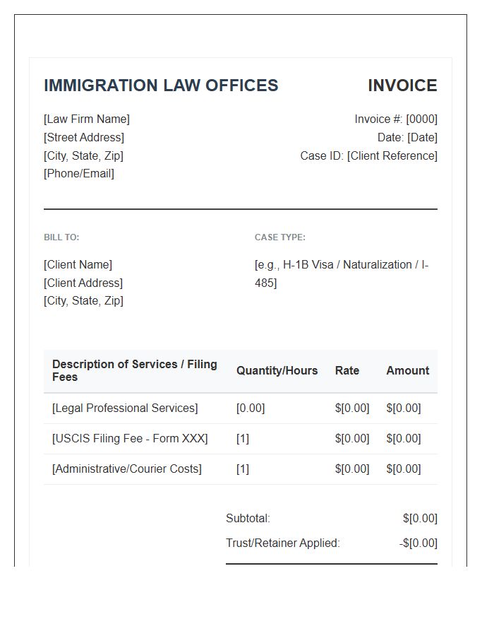 Immigration Legal Services Invoice Template