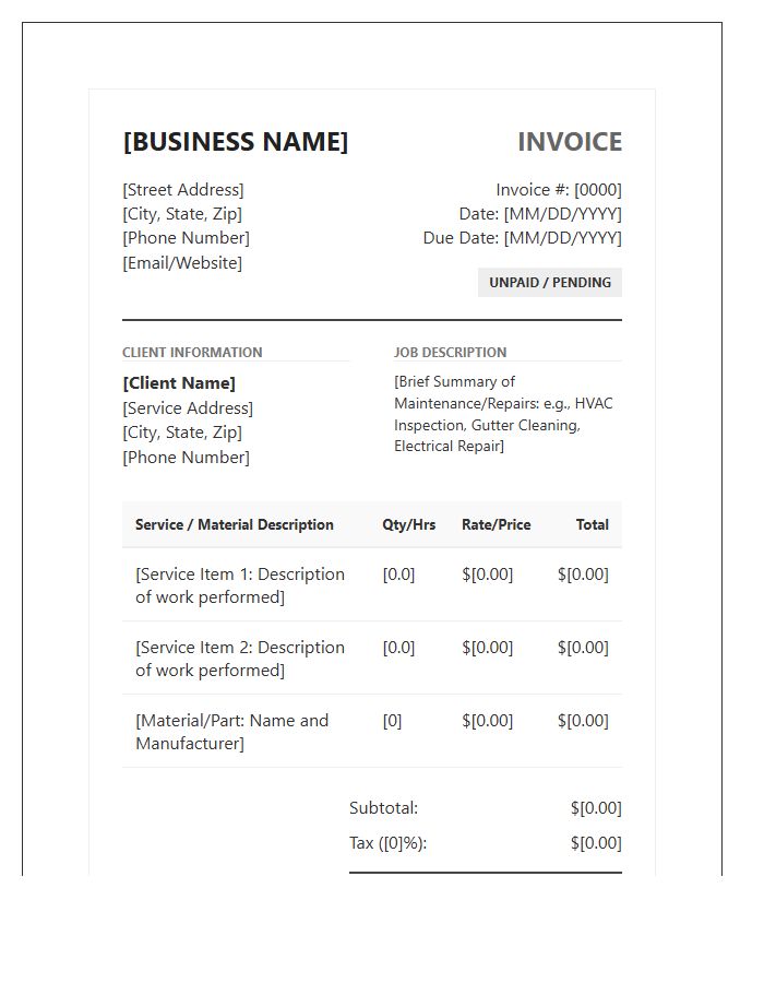 Comprehensive Home Maintenance Invoice Template