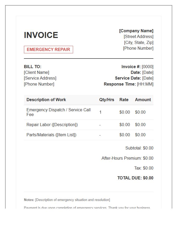 Emergency Residential Repair Invoice Template