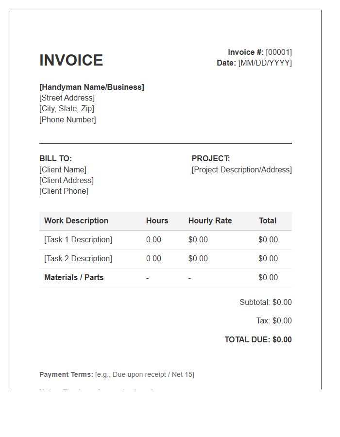 Handyman Hourly Labor Billing Invoice Template