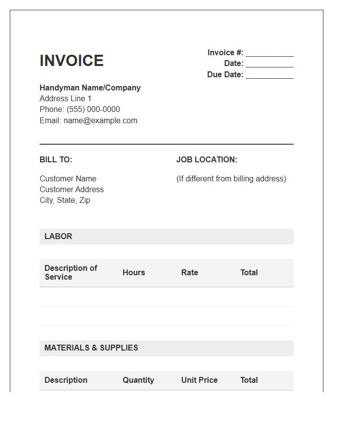 Handyman Material And Labor Invoice Template