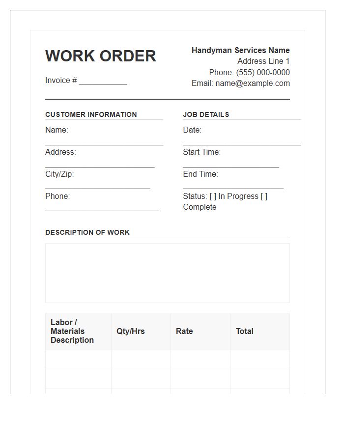Handyman Work Order Receipt Invoice Template