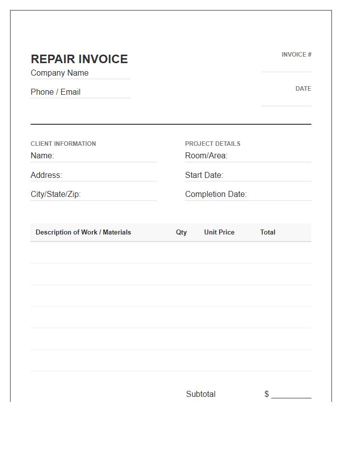 Interior Residential Repair Invoice Template