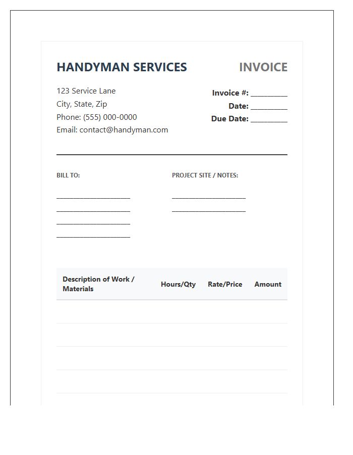 Professional Handyman Service Invoice Template