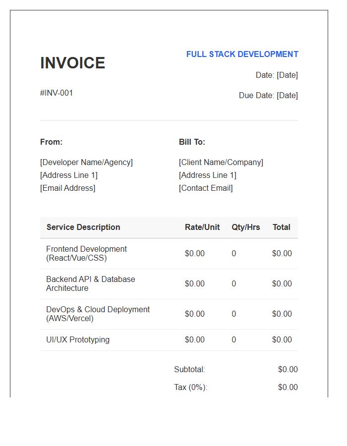 Full Stack Web Development Project Invoice Template