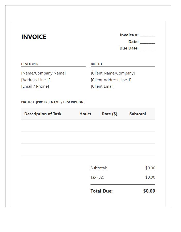 Hourly Rate Web Development Project Invoice Template