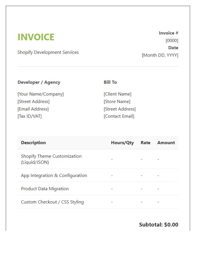 Shopify Web Development Project Invoice Template
