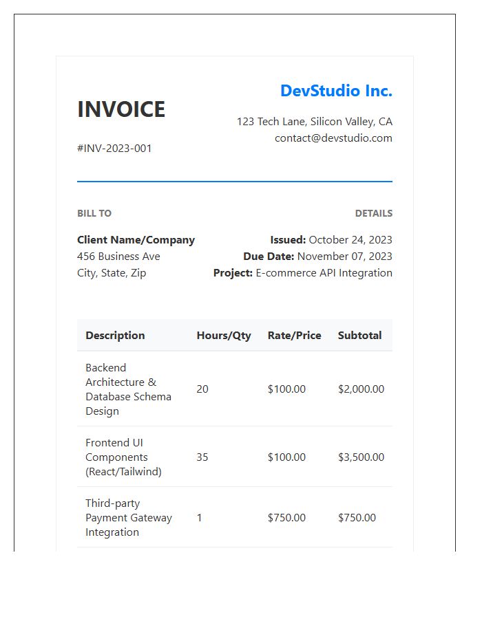 Software Engineering Web Development Project Invoice Template