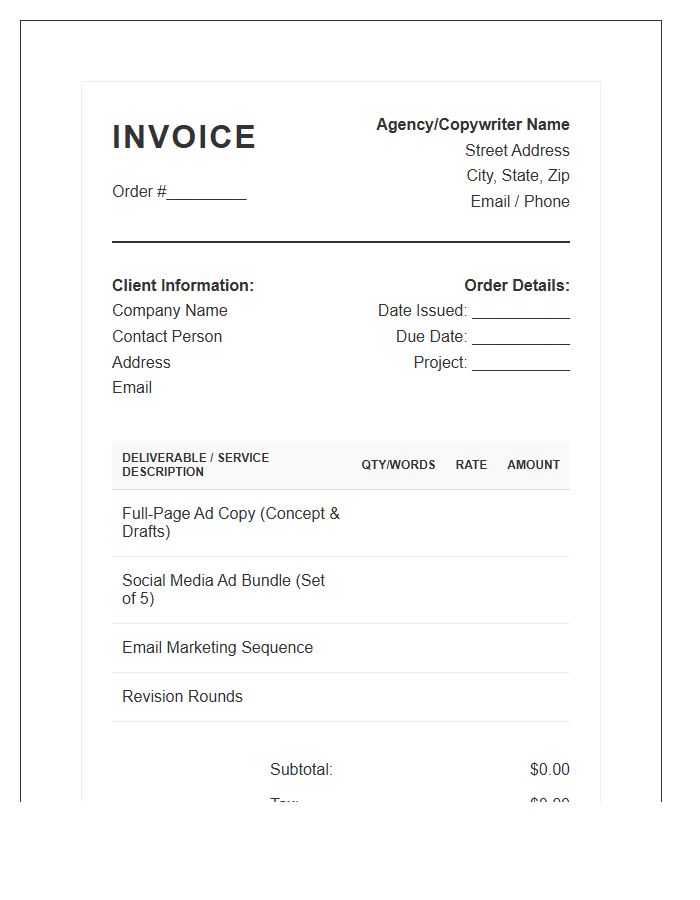 Advertising Copywriting Order Invoice Template