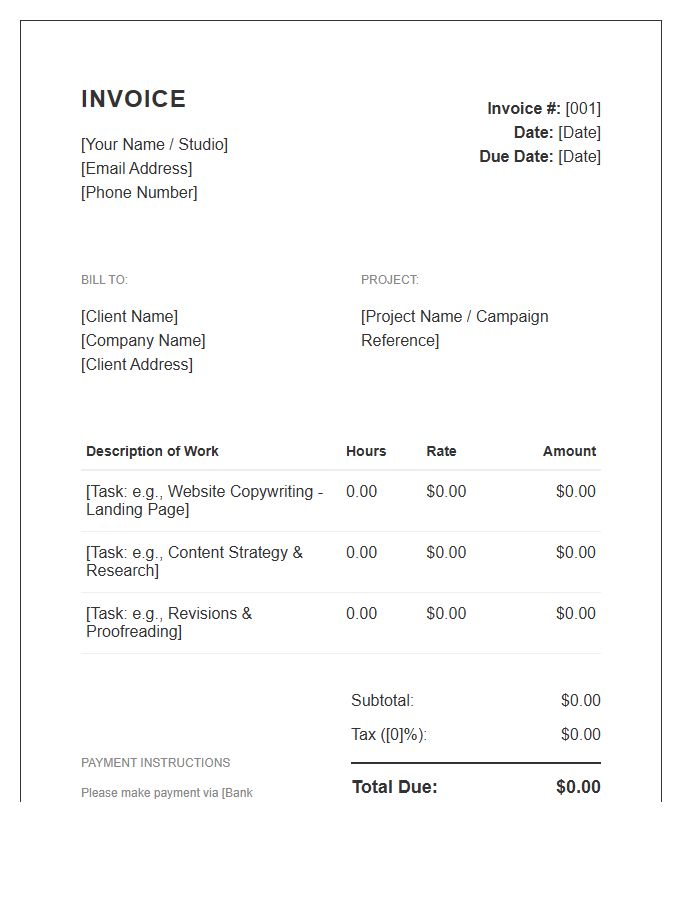 Copywriter Hourly Rate Invoice Template
