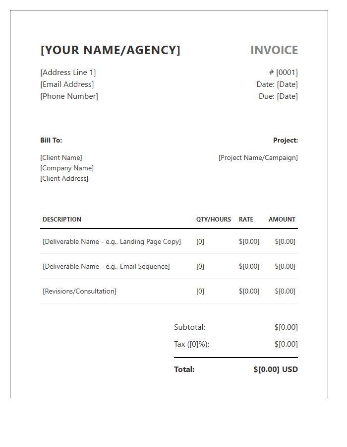 Copywriting Business Client Invoice Template