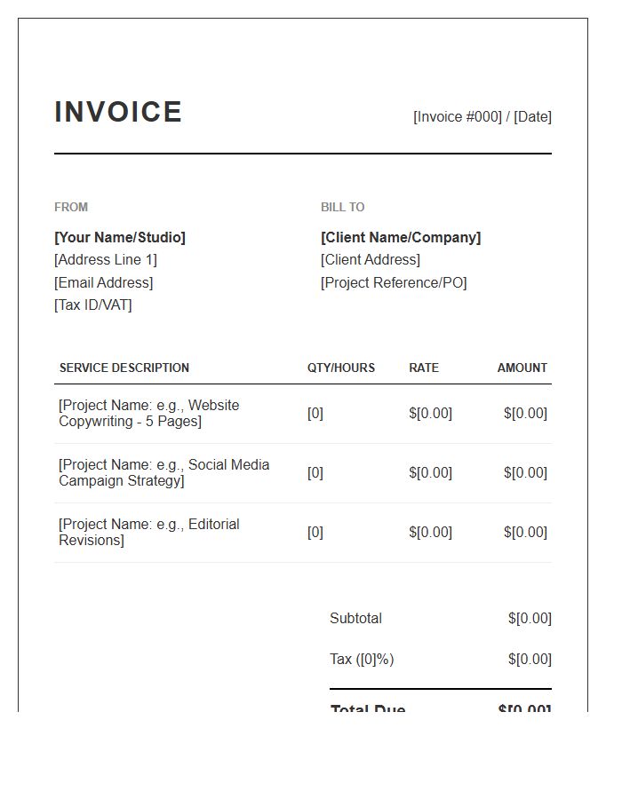 Creative Copywriter Monthly Invoice Template