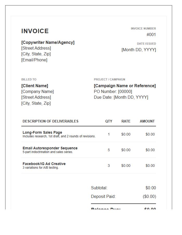 Direct Response Copywriting Invoice Template