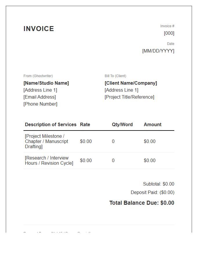 Ghostwriting Services Billing Invoice Template