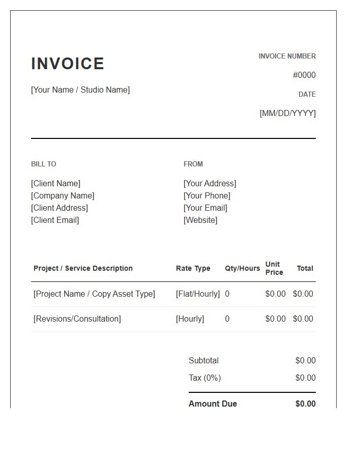 Marketing Copywriter Billing Invoice Template