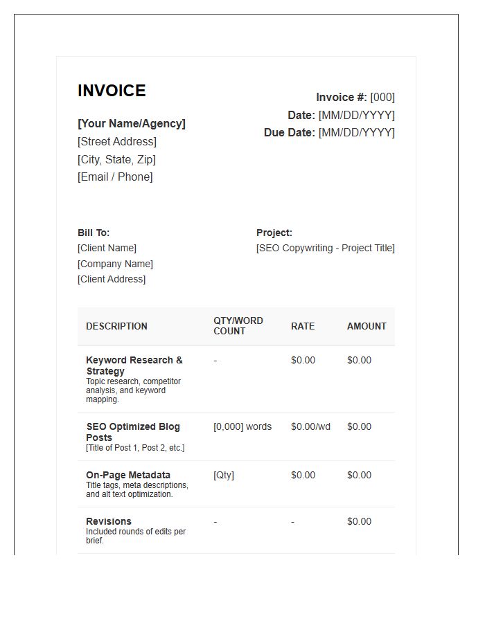 SEO Copywriting Project Invoice Template