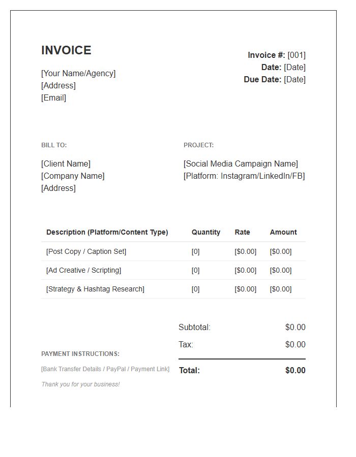 Social Media Copywriting Invoice Template