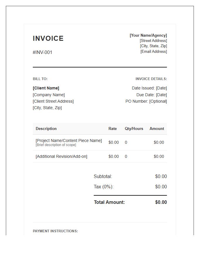 Standard Copywriter Professional Invoice Template