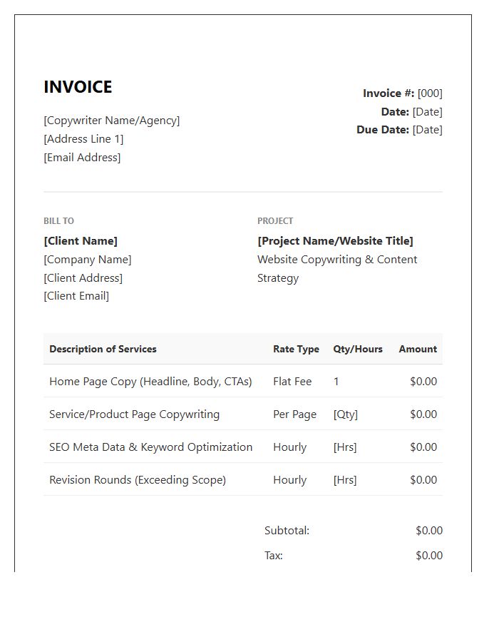 Website Copywriting Work Invoice Template