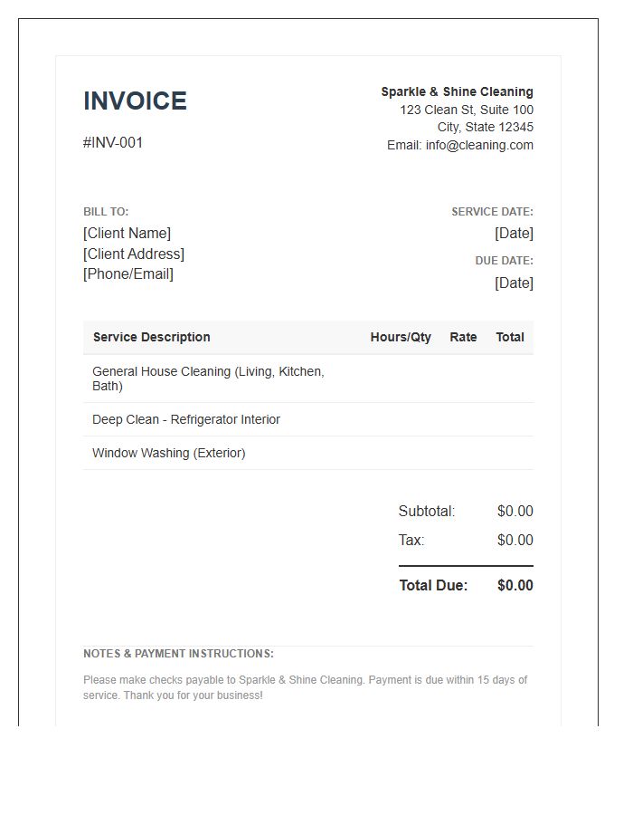 House Cleaning Service Invoice Template Layout