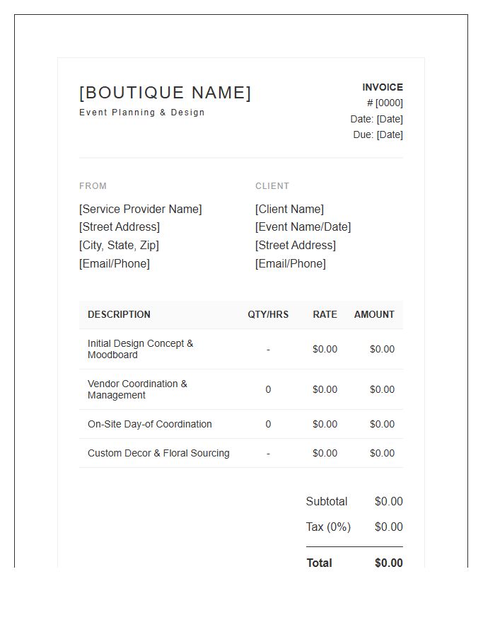Boutique Event Planning Service Invoice Template