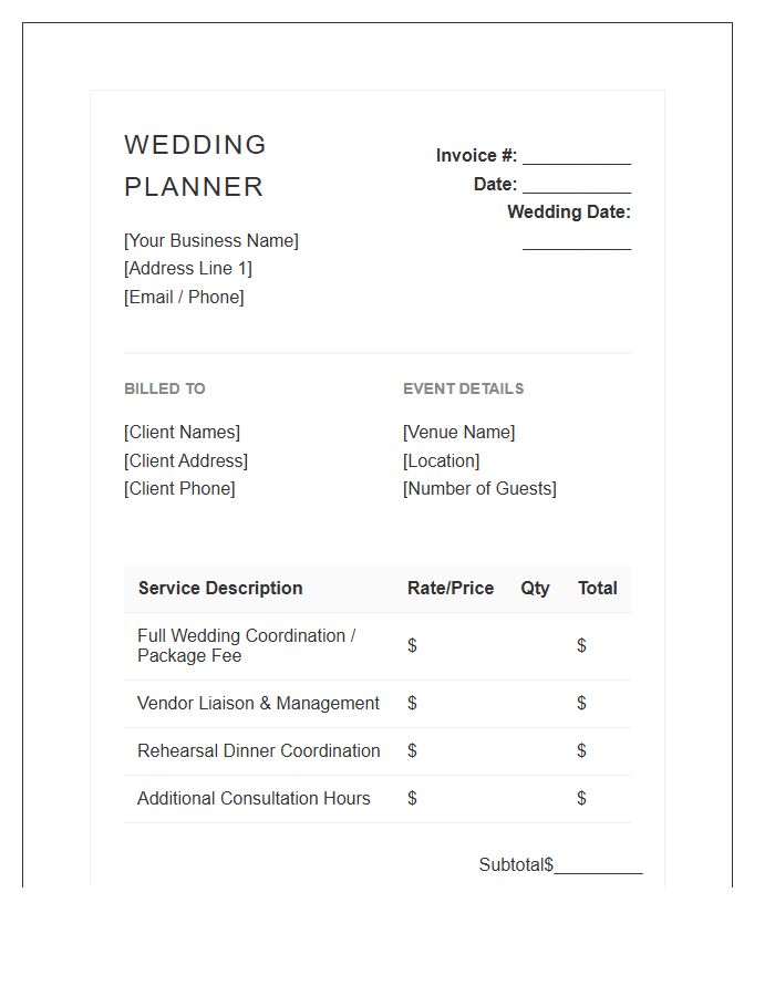 Wedding Planner Service Invoice Template