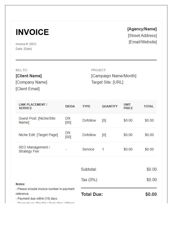 SEO Link Building Invoice Template