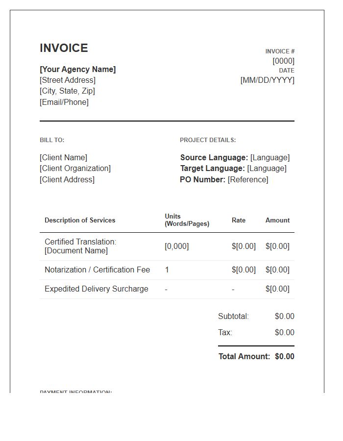 Certified Translation Service Invoice Template
