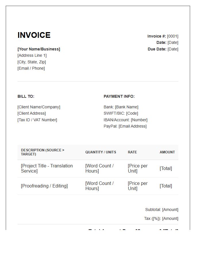 Freelance Translator Service Invoice Template