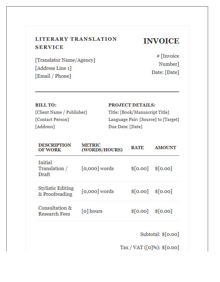 Literary Translation Service Invoice Template