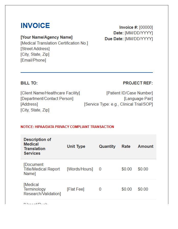 Medical Translation Service Invoice Template