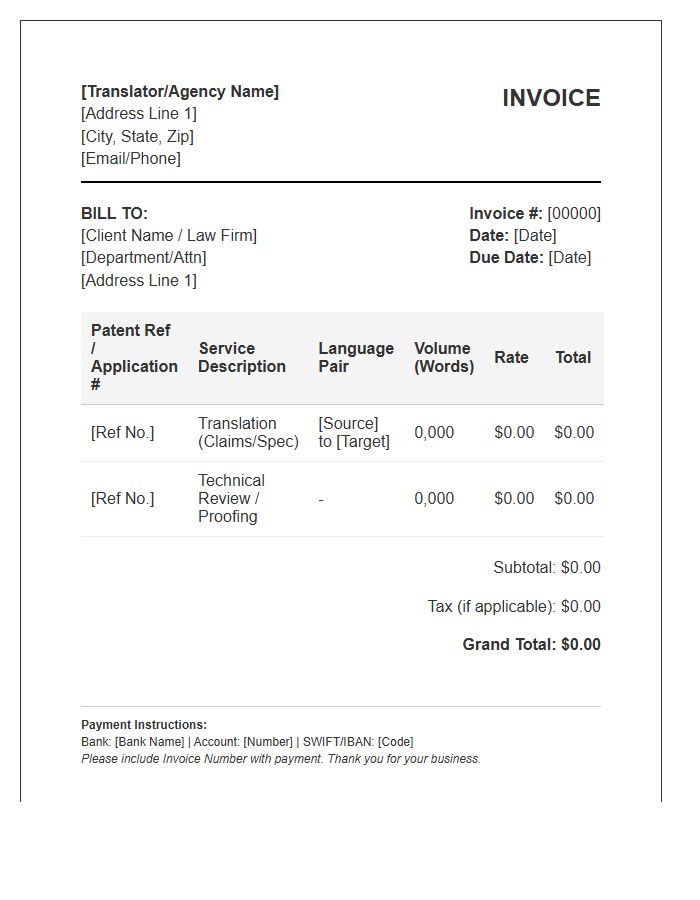 Patent Translation Service Invoice Template