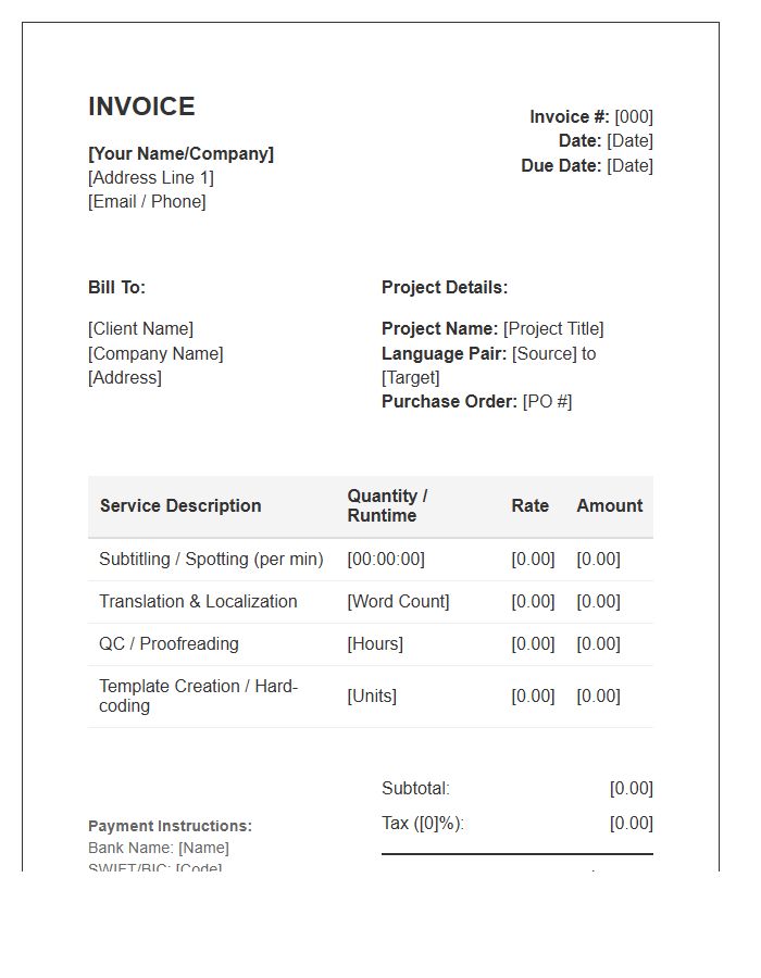 Subtitling And Translation Invoice Template
