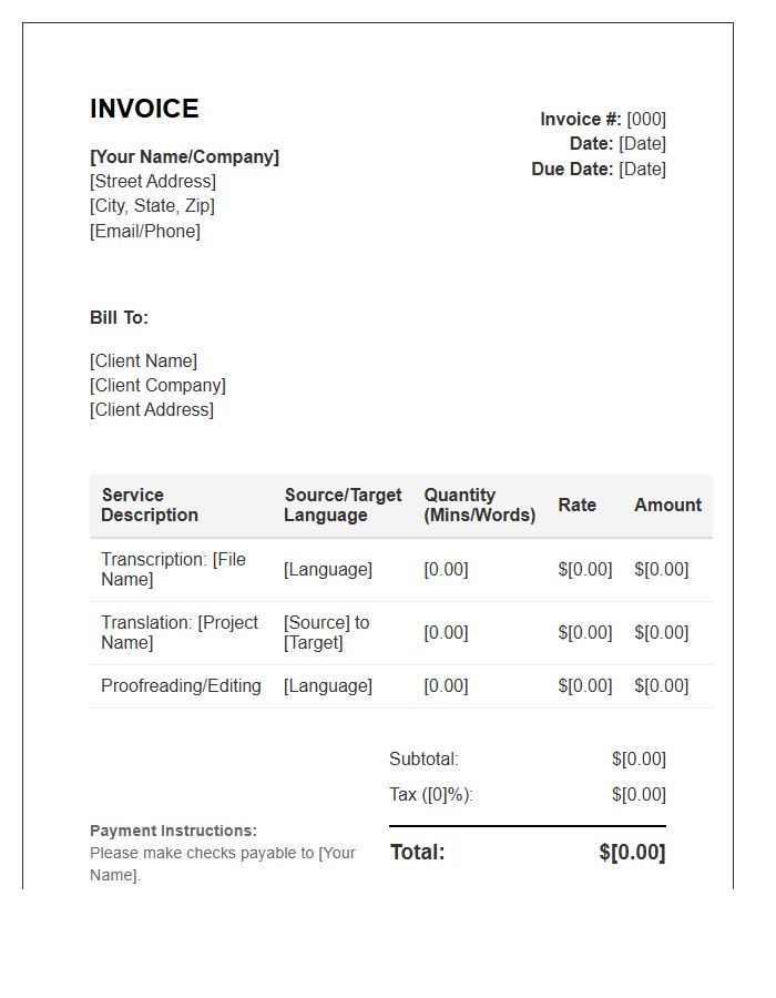 Transcription And Translation Invoice Template
