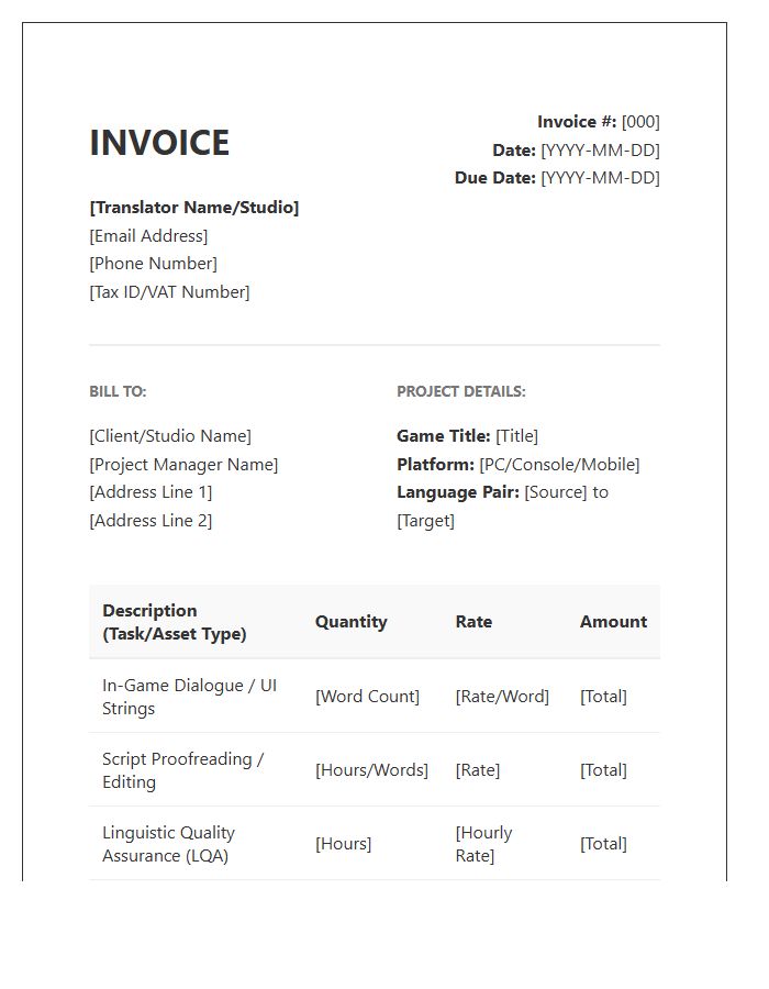 Video Game Translation Invoice Template