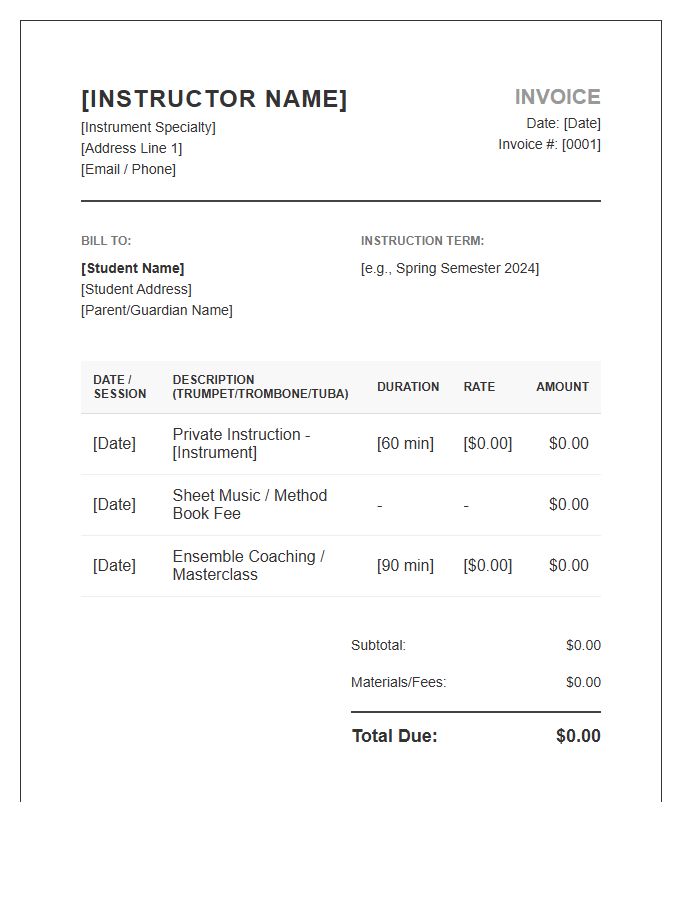 Brass Instrument Instruction Invoice Template