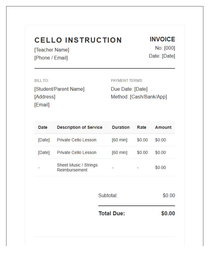 Cello Teacher Service Invoice Template