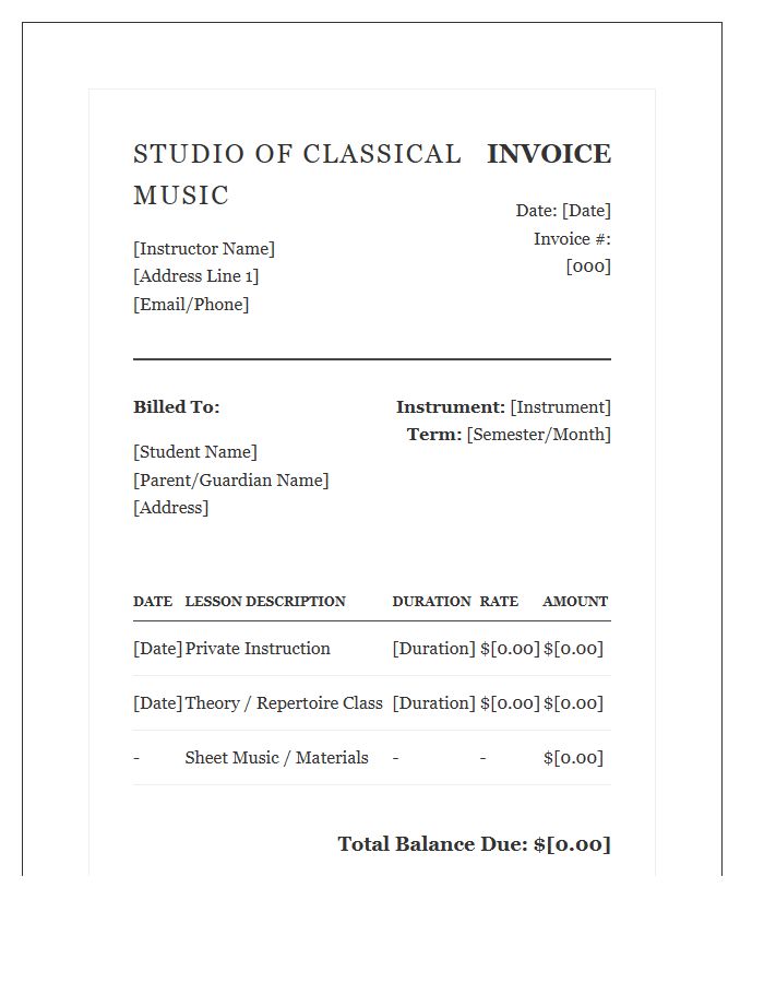 Classical Music Lesson Invoice Template